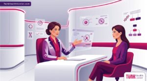 رسم توضيحي يظهر طبيباً يشرح تقنية حقن البولينوكليوتيدات في تركيا لمريضة داخل عيادة فاخرة بألوان أرجوانية عصرية 