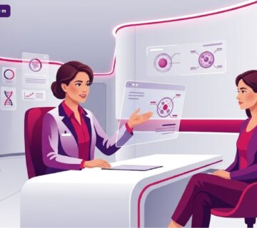 رسم توضيحي يظهر طبيباً يشرح تقنية حقن البولينوكليوتيدات في تركيا لمريضة داخل عيادة فاخرة بألوان أرجوانية عصرية 