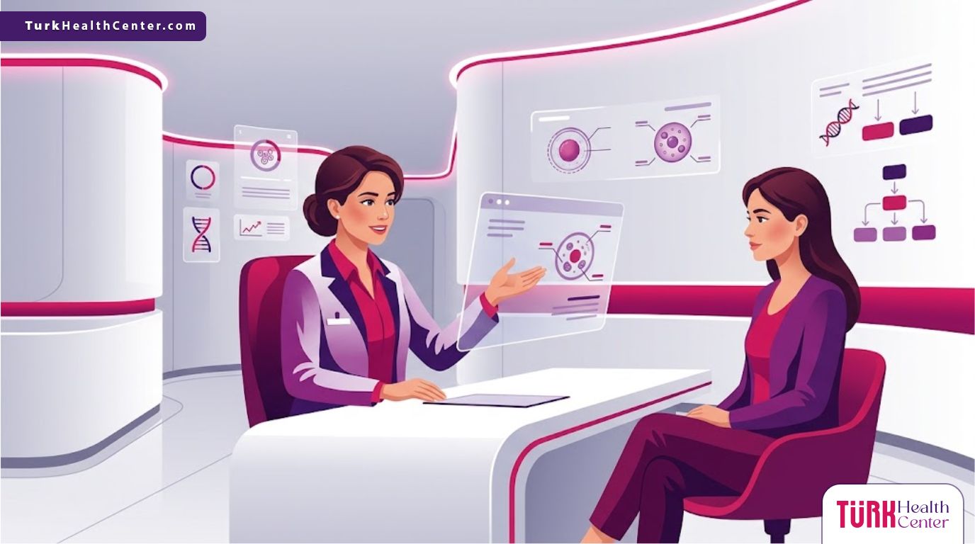 رسم توضيحي يظهر طبيباً يشرح تقنية حقن البولينوكليوتيدات في تركيا لمريضة داخل عيادة فاخرة بألوان أرجوانية عصرية 