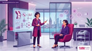 رسم توضيحي يظهر طبيب يشرح عملية حقن الخلايا الجذعية في تركيا للمريض داخل عيادة فاخرة 