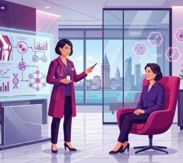 رسم توضيحي يظهر طبيب يشرح عملية حقن الخلايا الجذعية في تركيا للمريض داخل عيادة فاخرة 