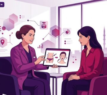 رسوم توضيحية لعيادة طبية فاخرة تشرح تقنية حقن الدهون المجهرية في تركيا مع مريض وطبيب 