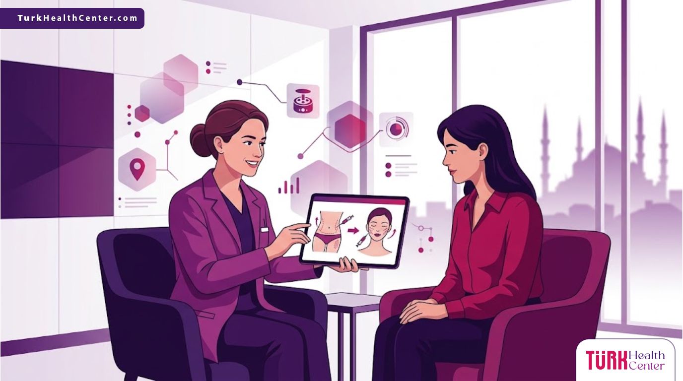 رسوم توضيحية لعيادة طبية فاخرة تشرح تقنية حقن الدهون المجهرية في تركيا مع مريض وطبيب 