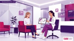 رسم توضيحي يظهر طبيب يشرح عملية حقن الراديس في تركيا لمريض في عيادة تجميل عصرية 