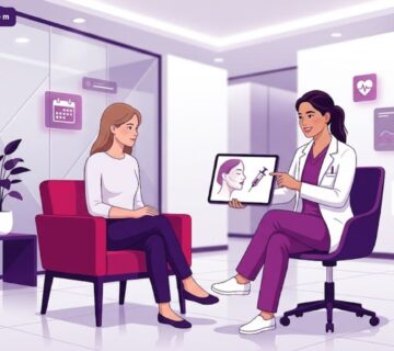 رسم توضيحي يظهر طبيب يشرح عملية حقن الراديس في تركيا لمريض في عيادة تجميل عصرية 