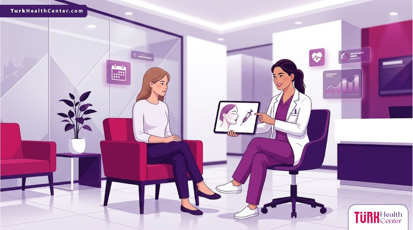 رسم توضيحي يظهر طبيب يشرح عملية حقن الراديس في تركيا لمريض في عيادة تجميل عصرية 