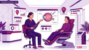 رسم توضيحي طبي متقدم يظهر طبيباً يشرح تفاصيل إجراء حقن العين للارتشاح في تركيا للمريض داخل عيادة حديثة 