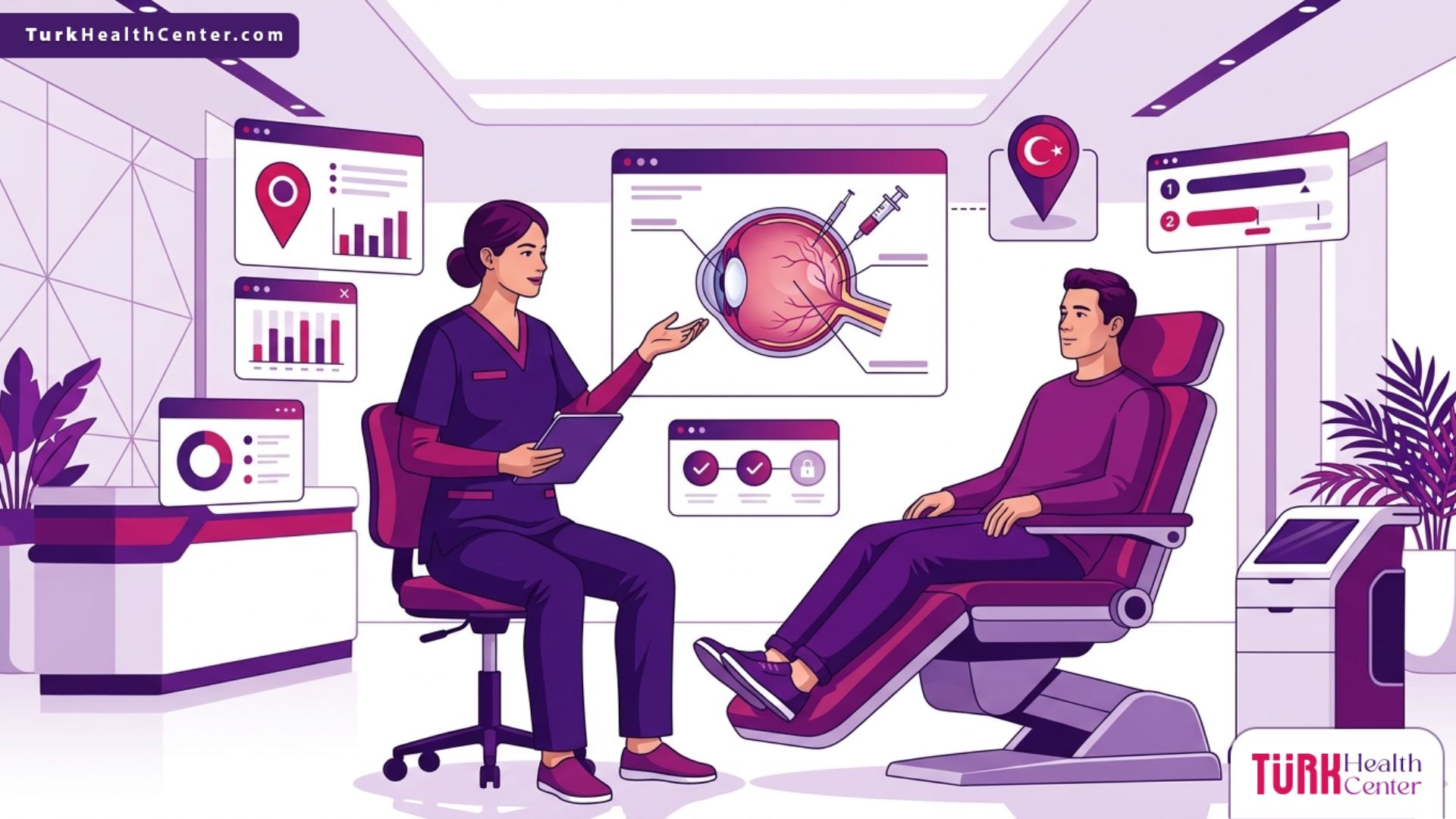 رسم توضيحي طبي متقدم يظهر طبيباً يشرح تفاصيل إجراء حقن العين للارتشاح في تركيا للمريض داخل عيادة حديثة