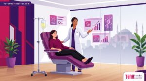 رسم توضيحي يظهر طبيب يشرح عملية حقن الفيتامينات الوريدية في تركيا لمريض في عيادة فاخرة 