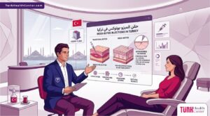 رسم توضيحي عصري لطبيب يشرح تقنية حقن الميزو بوتوكس في تركيا لمريض داخل عيادة فاخرة 