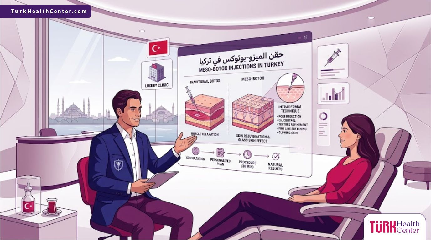 رسم توضيحي عصري لطبيب يشرح تقنية حقن الميزو بوتوكس في تركيا لمريض داخل عيادة فاخرة 