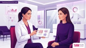 رسم توضيحي عصري لعيادة تجميل في تركيا يشرح فيها الطبيب فوائد حقن النيوكليوفيل في تركيا للمريض 