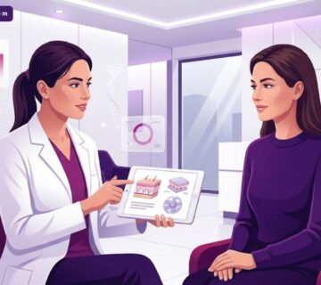 رسم توضيحي عصري لعيادة تجميل في تركيا يشرح فيها الطبيب فوائد حقن النيوكليوفيل في تركيا للمريض 