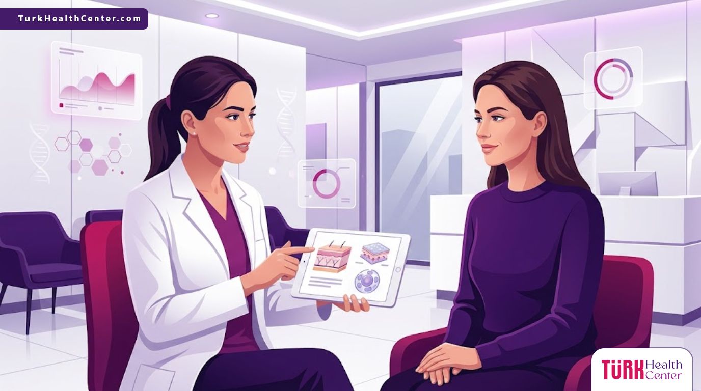 رسم توضيحي عصري لعيادة تجميل في تركيا يشرح فيها الطبيب فوائد حقن النيوكليوفيل في تركيا للمريض 