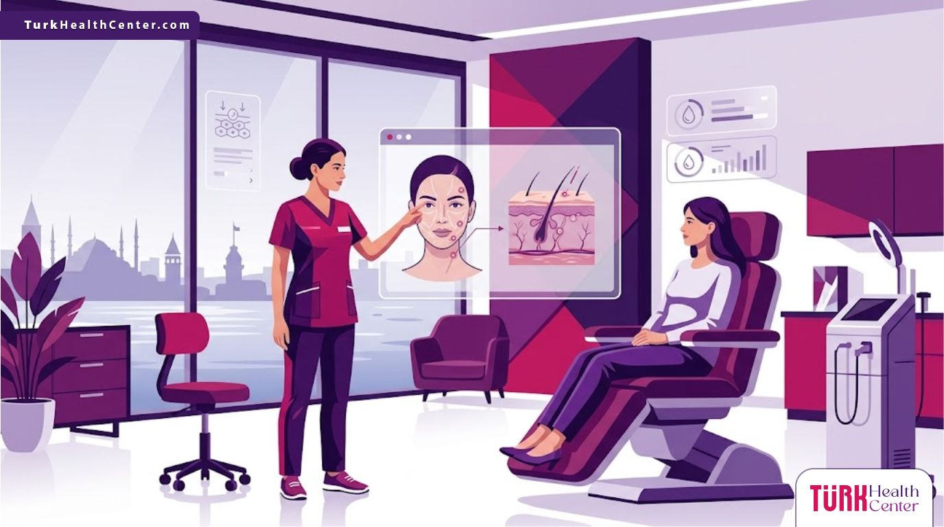 رسوم توضيحية لعيادة تجميل فخمة تشرح آلية عمل حقن الهيدرو بوستر في تركيا للمريض 