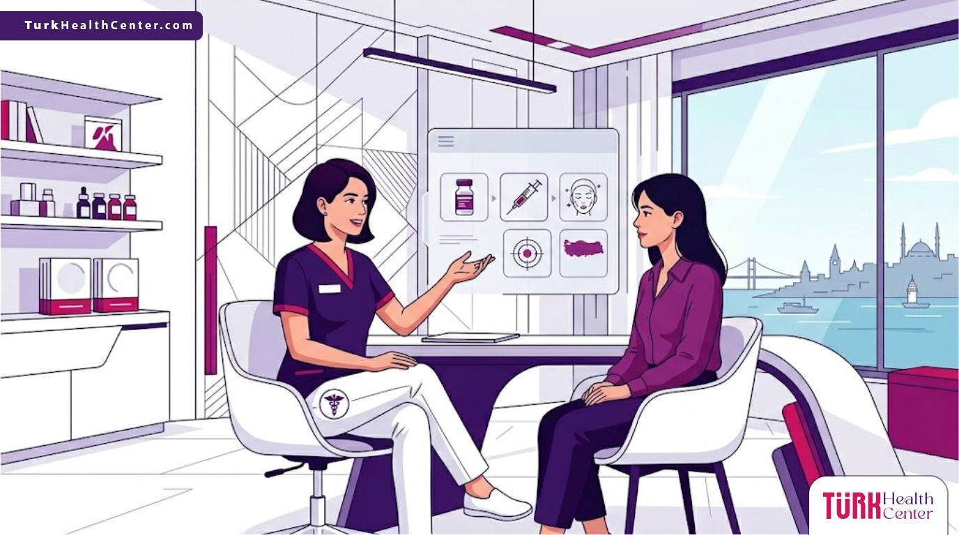 رسم توضيحي يظهر استشارة طبية حول حقن تذويب الفيلر في تركيا داخل عيادة فاخرة وأنيقة 