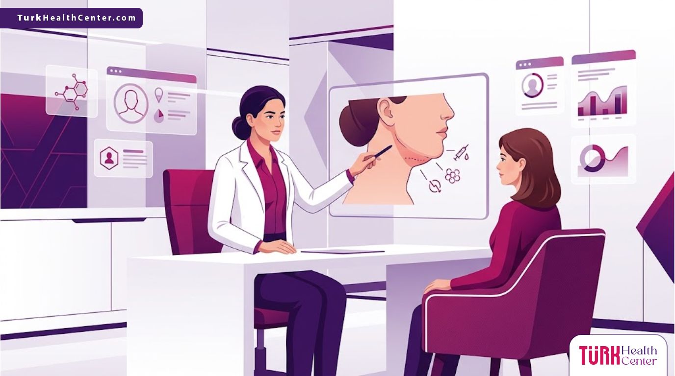 رسم توضيحي احترافي يظهر طبيباً يشرح عملية حقن تذويب دهون اللغلوغ في تركيا لمريض في عيادة فاخرة 