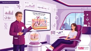 رسوم توضيحية عصرية لعيادة طبية تشرح إجراءات حقن حمض السكسينيك في تركيا للمرضى 