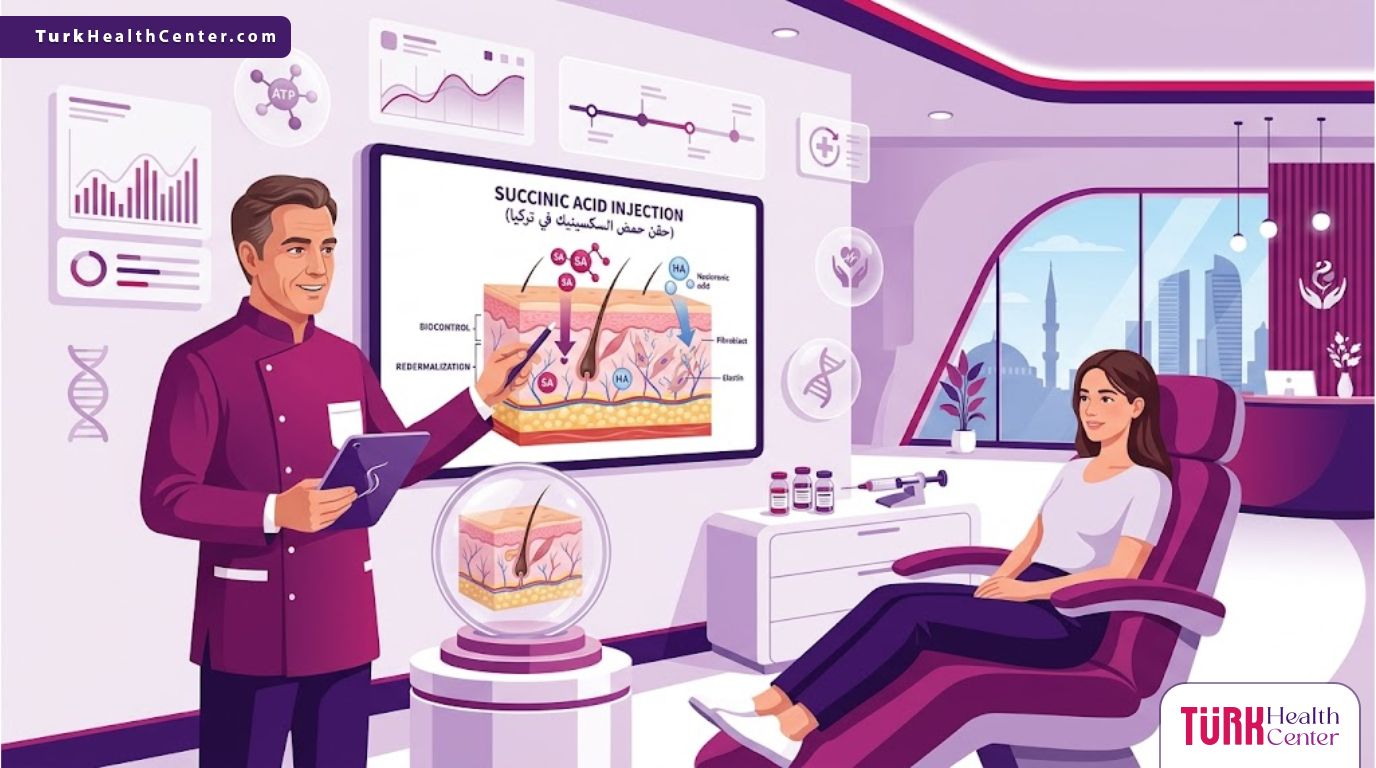 رسوم توضيحية عصرية لعيادة طبية تشرح إجراءات حقن حمض السكسينيك في تركيا للمرضى 
