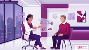 رسم توضيحي لطبيب يشرح للمريض تفاصيل خصومات عمليات الليزك في تركيا داخل عيادة حديثة 