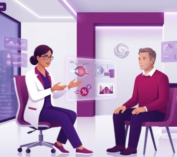 رسم توضيحي لطبيب يشرح للمريض تفاصيل خصومات عمليات الليزك في تركيا داخل عيادة حديثة 