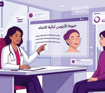 رسم توضيحي لعيادة طبية فاخرة يشرح فيها الطبيب تقنية خيوط الأبتوس ثنائية الاتجاه في تركيا لمريضة مرتاحة 