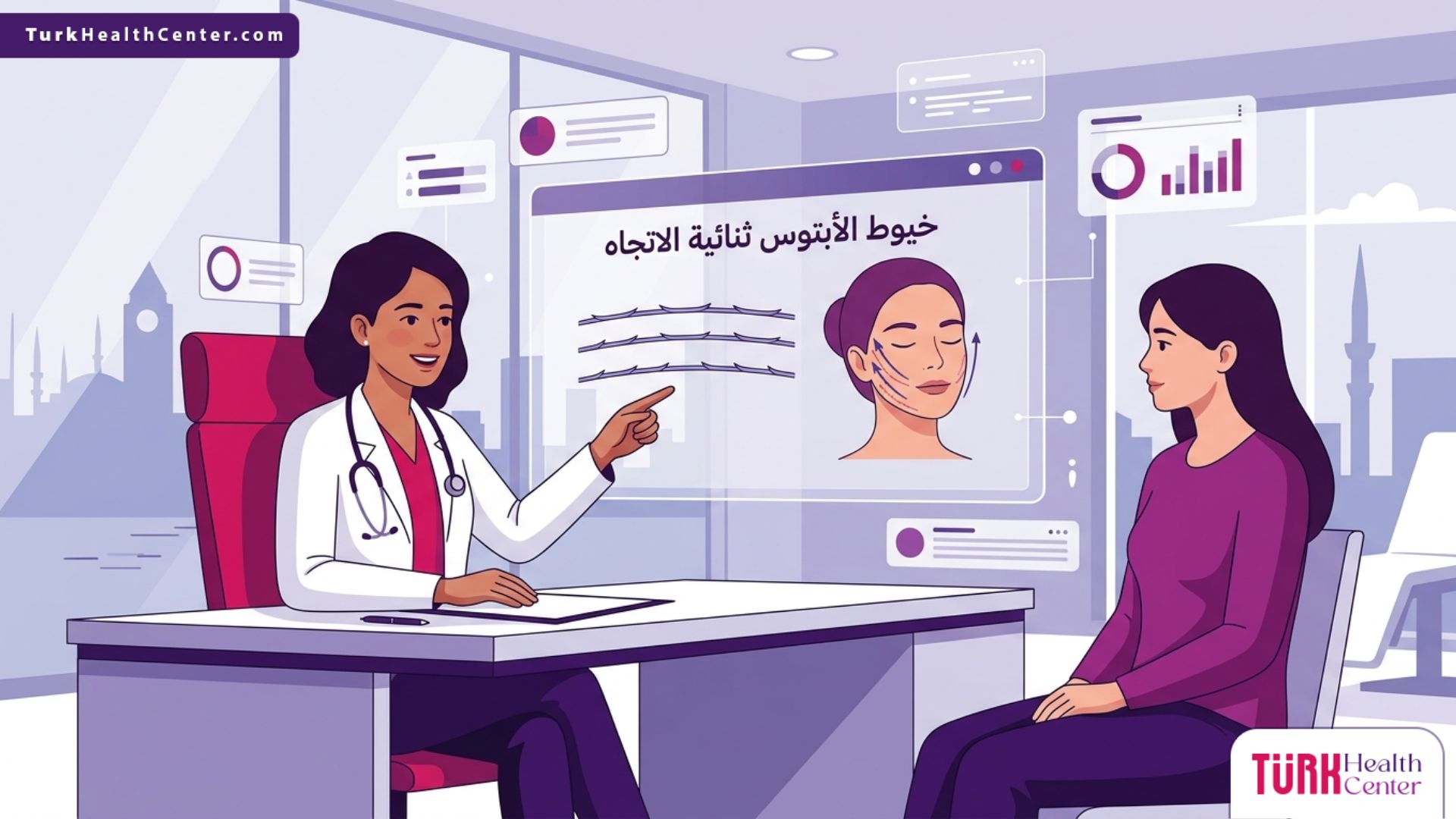 رسم توضيحي لعيادة طبية فاخرة يشرح فيها الطبيب تقنية خيوط الأبتوس ثنائية الاتجاه في تركيا لمريضة مرتاحة 