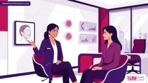 رسم توضيحي عالي الجودة لعيادة طبية تشرح إجراءات خيوط الشد العمودي في تركيا للمرضى