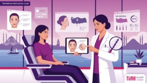 رسم توضيحي لعيادة طبية فاخرة يظهر طبيباً يشرح تفاصيل إجراء خيوط الكوج الشائكة في تركيا لمريض 