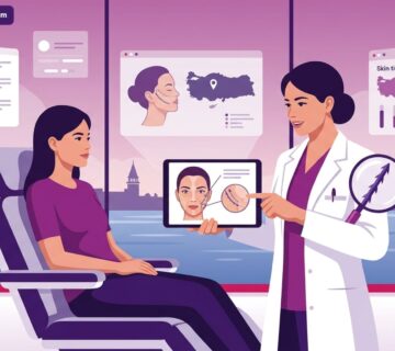 رسم توضيحي لعيادة طبية فاخرة يظهر طبيباً يشرح تفاصيل إجراء خيوط الكوج الشائكة في تركيا لمريض 