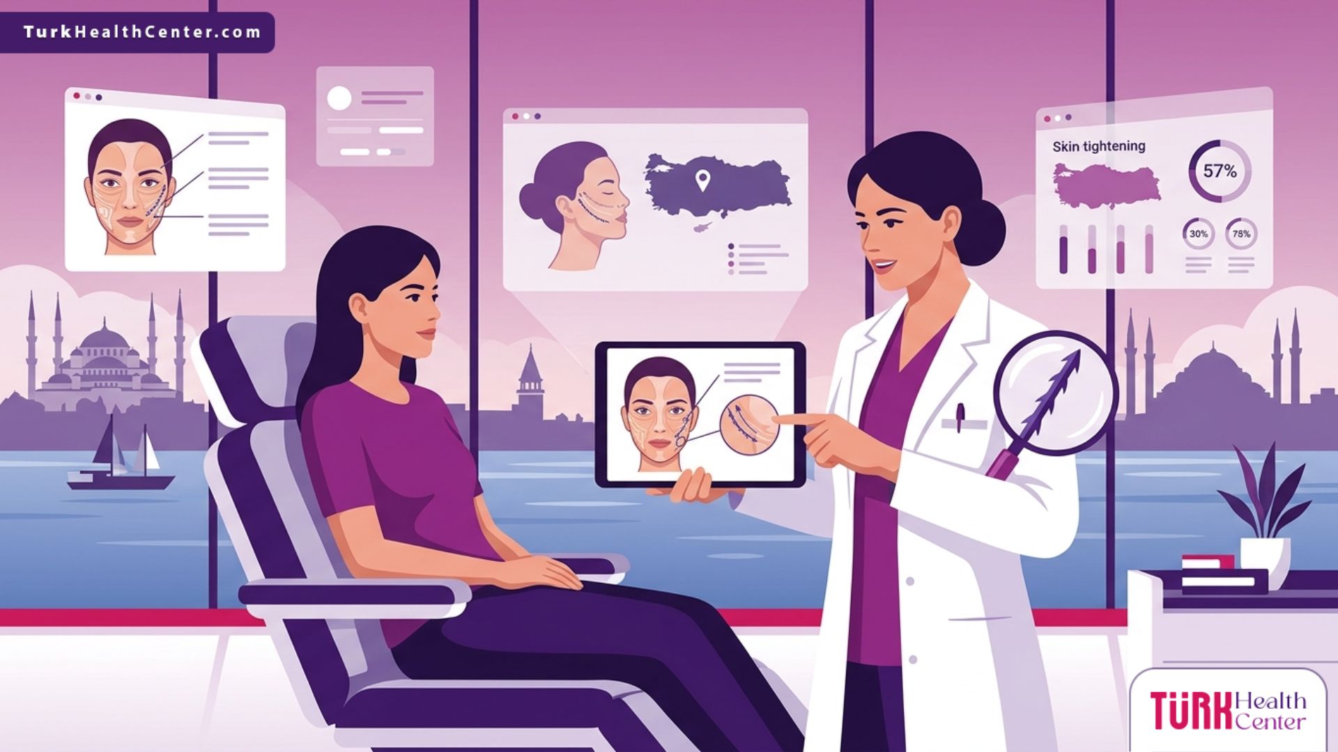 رسم توضيحي لعيادة طبية فاخرة يظهر طبيباً يشرح تفاصيل إجراء خيوط الكوج الشائكة في تركيا لمريض 