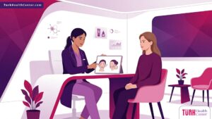 رسم توضيحي فني لعيادة تجميل حديثة وطبيب يشرح إجراءات خيوط المونو للنضارة في تركيا للمريضة 