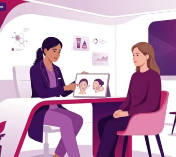 رسم توضيحي فني لعيادة تجميل حديثة وطبيب يشرح إجراءات خيوط المونو للنضارة في تركيا للمريضة 