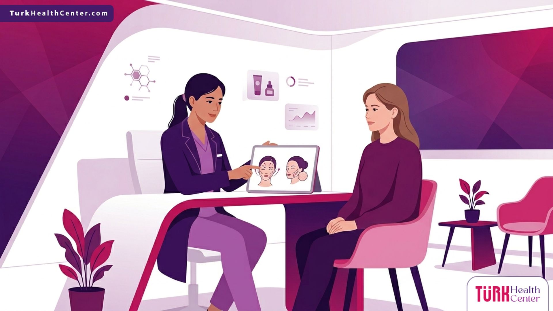 رسم توضيحي فني لعيادة تجميل حديثة وطبيب يشرح إجراءات خيوط المونو للنضارة في تركيا للمريضة 