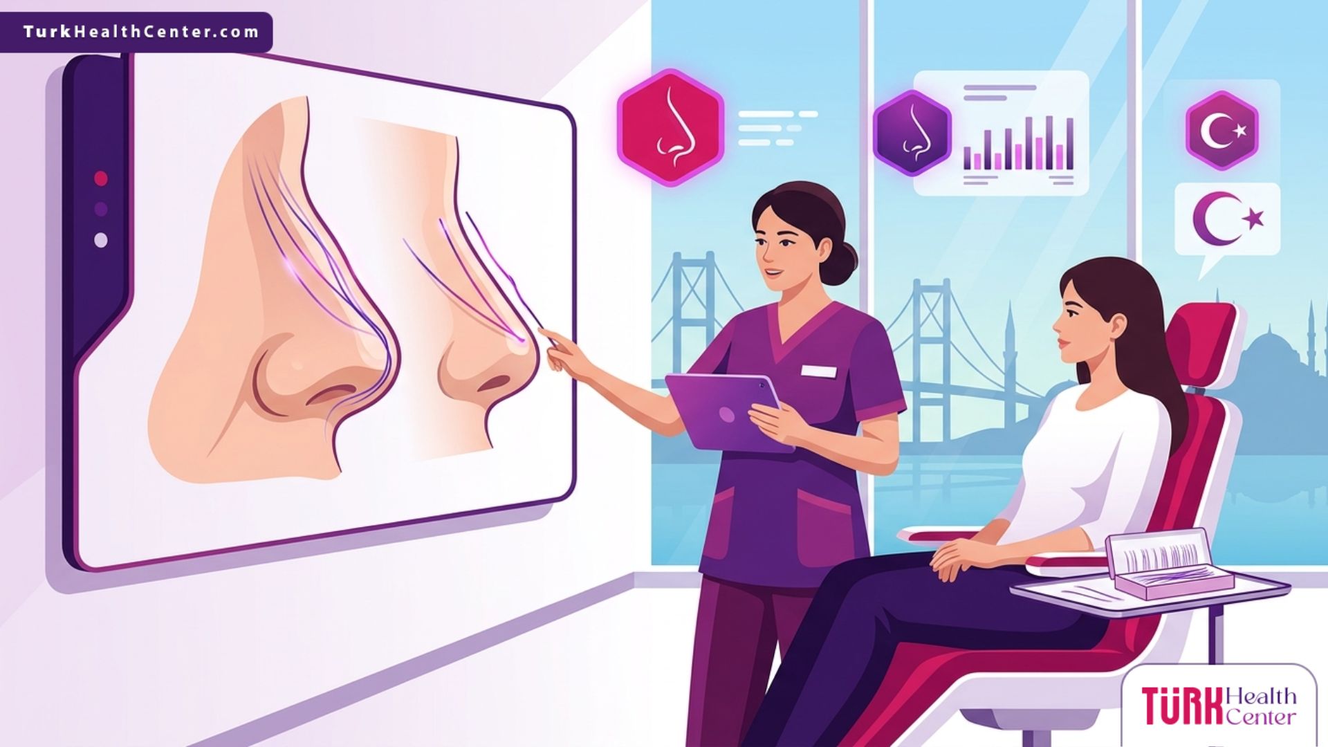 رسم توضيحي يظهر طبيباً يشرح تفاصيل إجراء خيوط تجميل الأنف في تركيا لمريض داخل عيادة طبية حديثة 