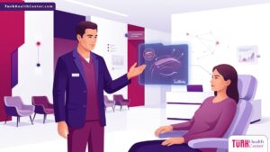 رسم توضيحي لطبيب يشرح تقنية خيوط رفع الحواجب في تركيا داخل عيادة تجميل فخمة 