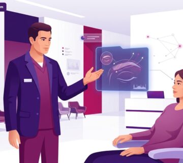 رسم توضيحي لطبيب يشرح تقنية خيوط رفع الحواجب في تركيا داخل عيادة تجميل فخمة 