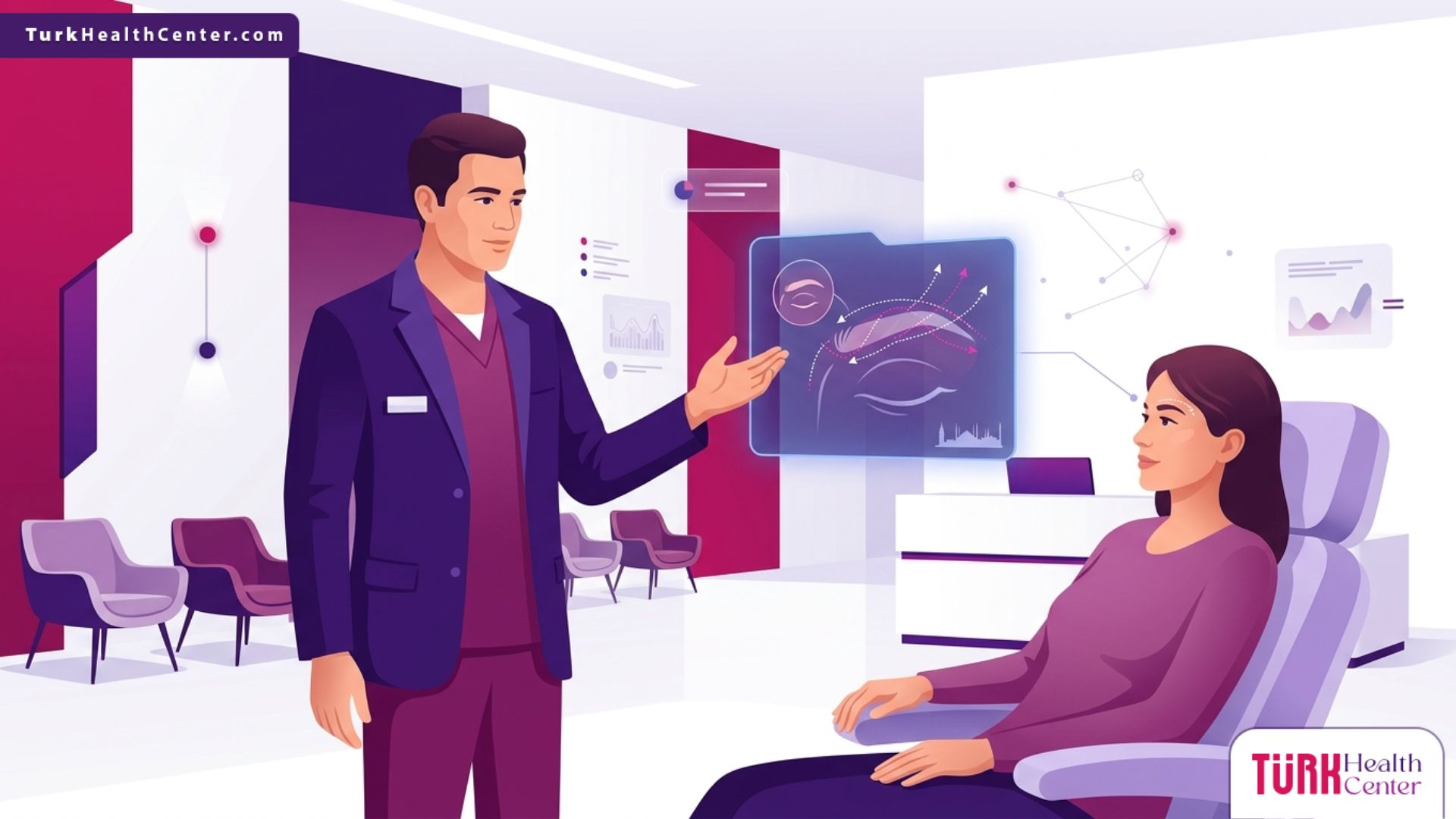 رسم توضيحي لطبيب يشرح تقنية خيوط رفع الحواجب في تركيا داخل عيادة تجميل فخمة 