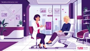 رسم توضيحي يظهر طبيباً يشرح تفاصيل إجراء خيوط رفع زوايا الفم في تركيا لمريضة داخل عيادة تجميل فاخرة 