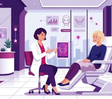 رسم توضيحي يظهر طبيباً يشرح تفاصيل إجراء خيوط رفع زوايا الفم في تركيا لمريضة داخل عيادة تجميل فاخرة 