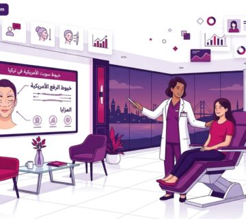 توضيح فيكتوري لعيادة تجميل فخمة أثناء شرح إجراء خيوط سويت الأمريكية في تركيا لشد الوجه والرقبة 