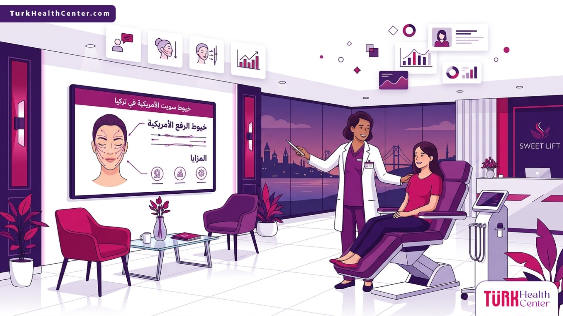 توضيح فيكتوري لعيادة تجميل فخمة أثناء شرح إجراء خيوط سويت الأمريكية في تركيا لشد الوجه والرقبة 