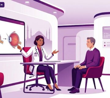 رسم توضيحي يظهر طبيب يشرح تقنيات تغيير لون العيون بدون جراحة لمريض داخل عيادة فاخرة بأسلوب فيكتور عصري 