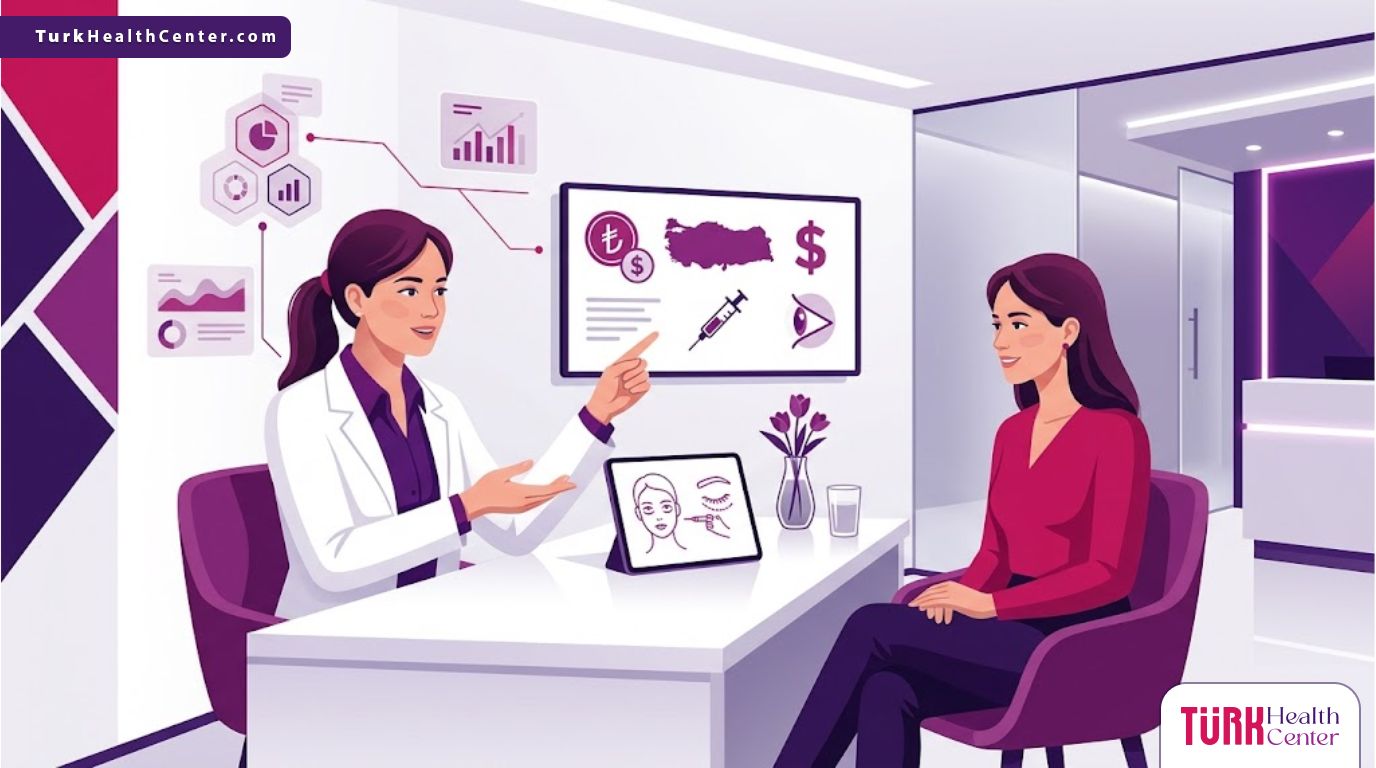 رسوم توضيحية حديثة لعيادة فاخرة تشرح تفاصيل سعر فيلر تحت العين في تركيا للمرضى 