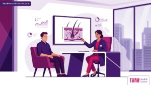 رسم توضيحي يظهر طبيب يشرح ظاهرة سقوط الشعر المزروع للمريض داخل عيادة متطورة في تركيا 