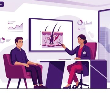 رسم توضيحي يظهر طبيب يشرح ظاهرة سقوط الشعر المزروع للمريض داخل عيادة متطورة في تركيا 