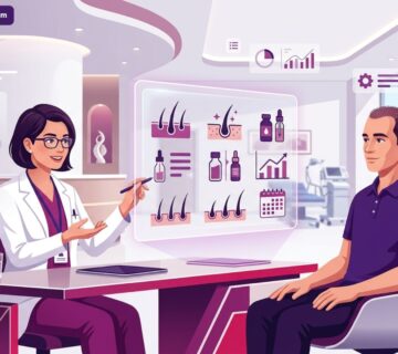 طبيب متخصص يشرح للمريض طبيعة سقوط الشعر بعد الزراعه في عيادة طبية فاخرة