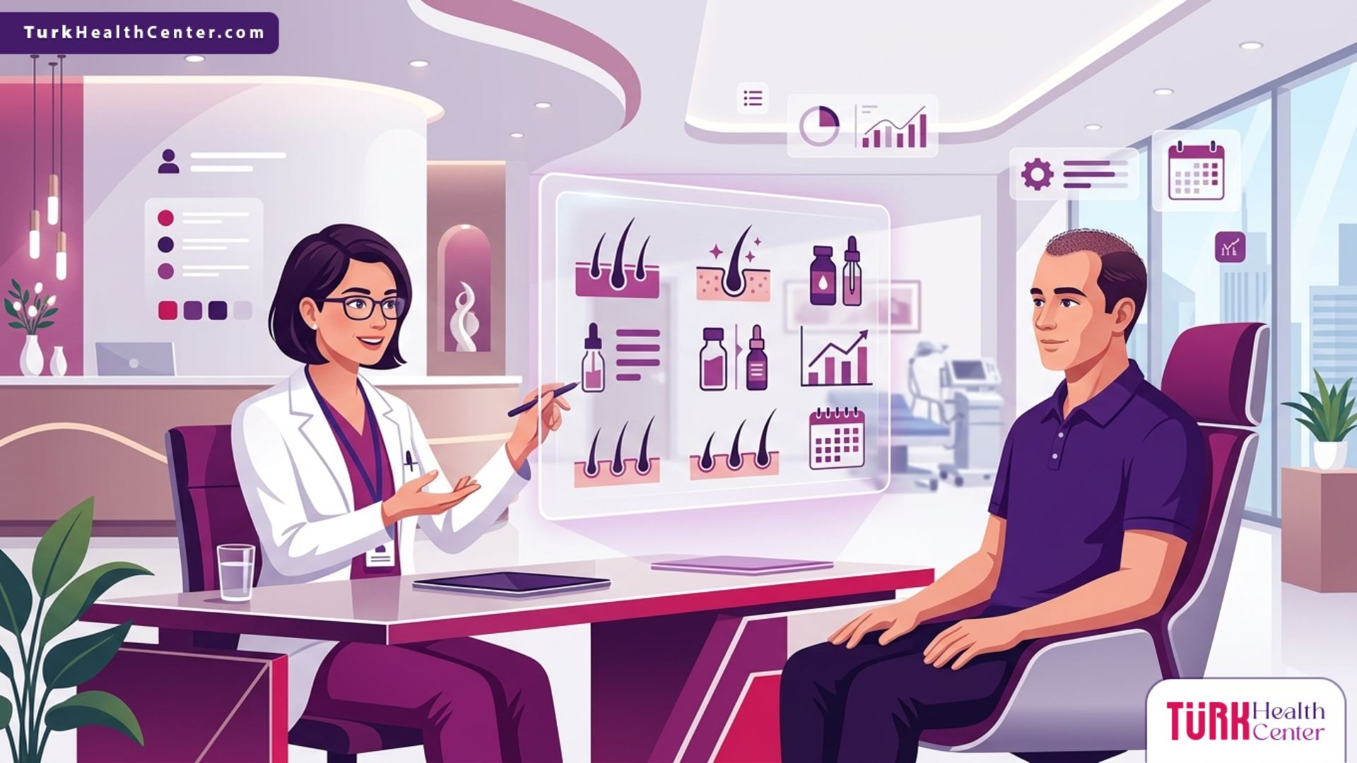 طبيب متخصص يشرح للمريض طبيعة سقوط الشعر بعد الزراعه في عيادة طبية فاخرة