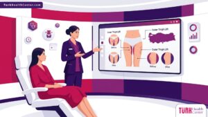 رسم توضيحي لعيادة طبية فاخرة تشرح تفاصيل عملية شد الأفخاذ في تركيا