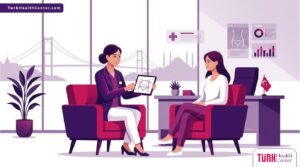 رسم توضيحي عصري يظهر طبيب يشرح تفاصيل عملية شد البطن الكامل في تركيا لمريض داخل عيادة فاخرة بألوان أرجوانية 